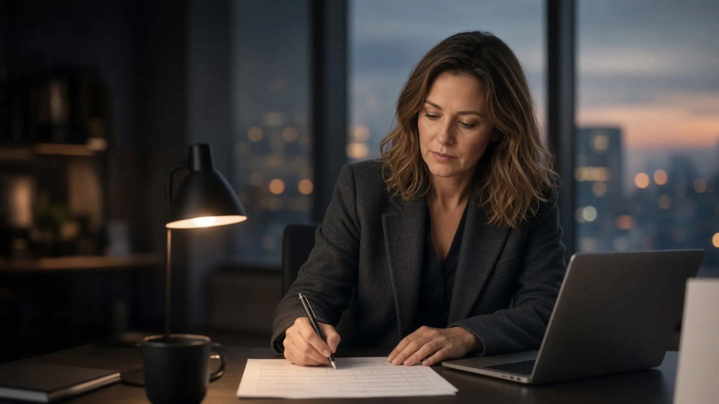Professional berekent servicekosten — geconcentreerd aan een modern bureau